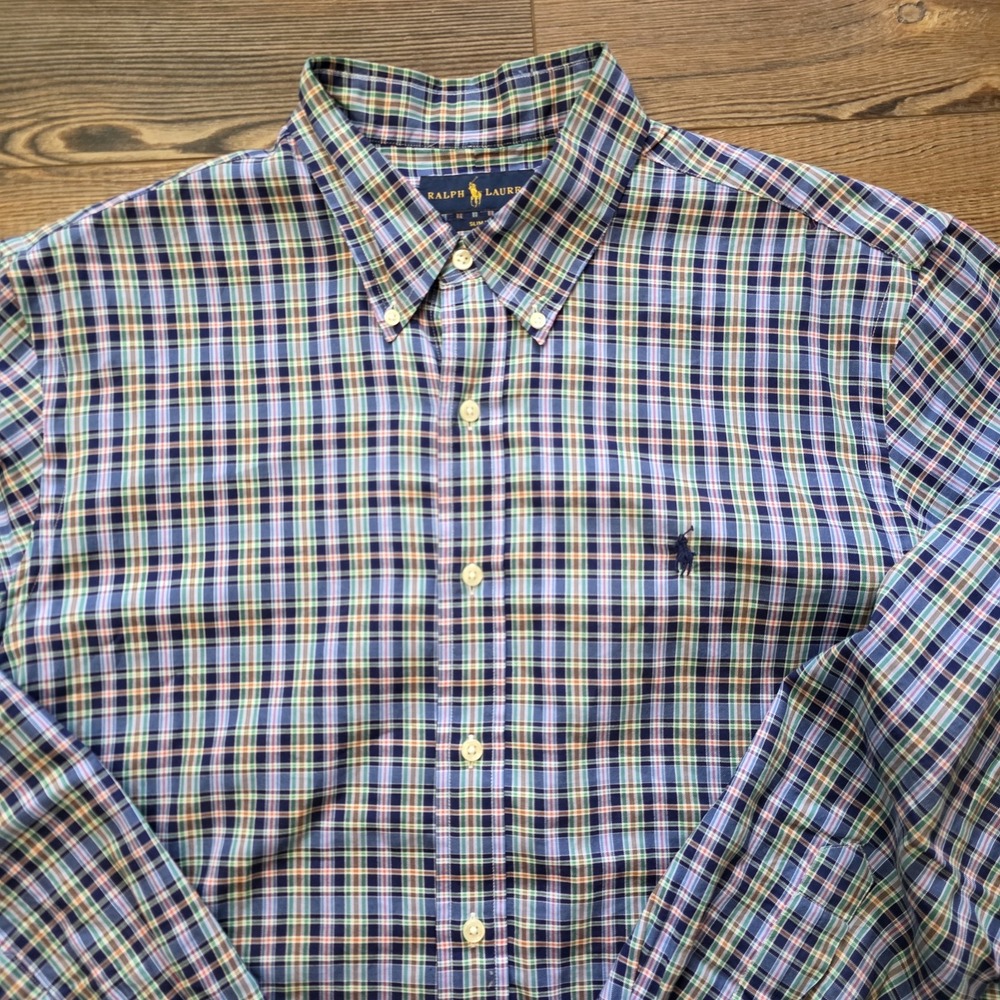 Ralph Lauren Shirt‎ Men's L/S Slim Fit Plaid Collared Polo Green Orange Blue XL